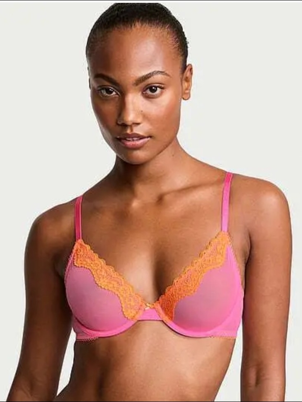 NEW Victoria's Secret Tease Pink Plunge Bra with Orange Lace Trim Unlined 32D